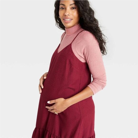 The nines by hatch maroon satin sleeveless maternity dress tiered skirt midi XS - Picture 1 of 9